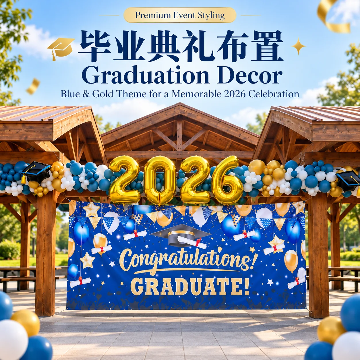 Frame & Snap Class of 2026 graduation garland in blue, gold and white with gold 2026 numerals across a park pavilion